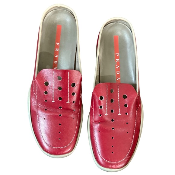 Prada Leather Mule Slip-on Slides Shoes Women 36/6 Red Gray Made in Italy - Picture 15 of 16